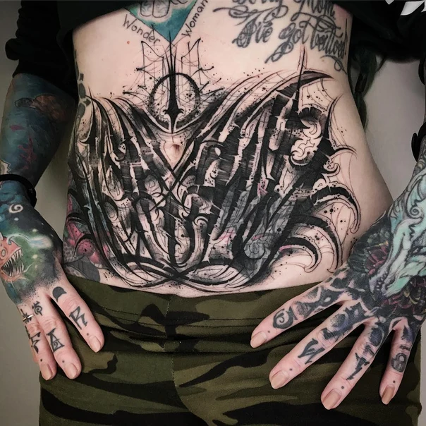 Blackwork Abstract, Lettering tattoo on Stomach