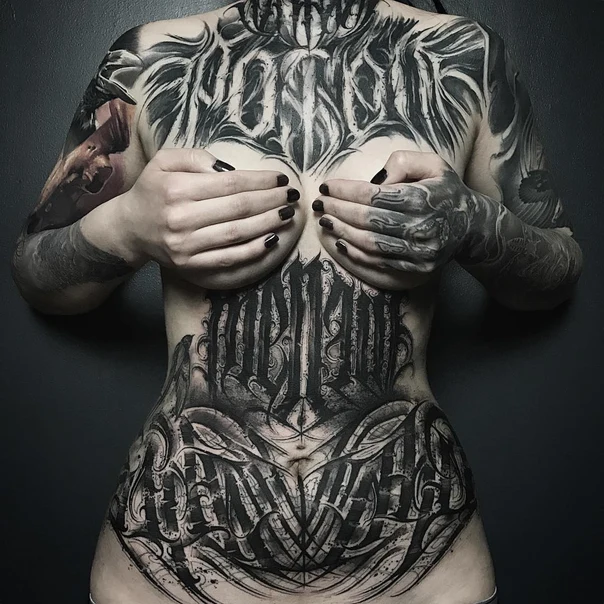 Blackwork Text, Ornamental tattoo on Full body