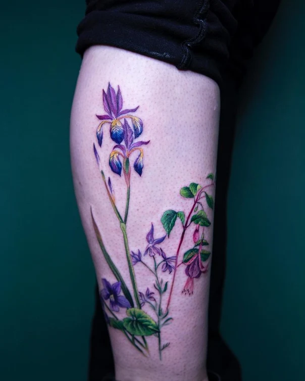 Botanic Flowers, Botanical tattoo on Calf