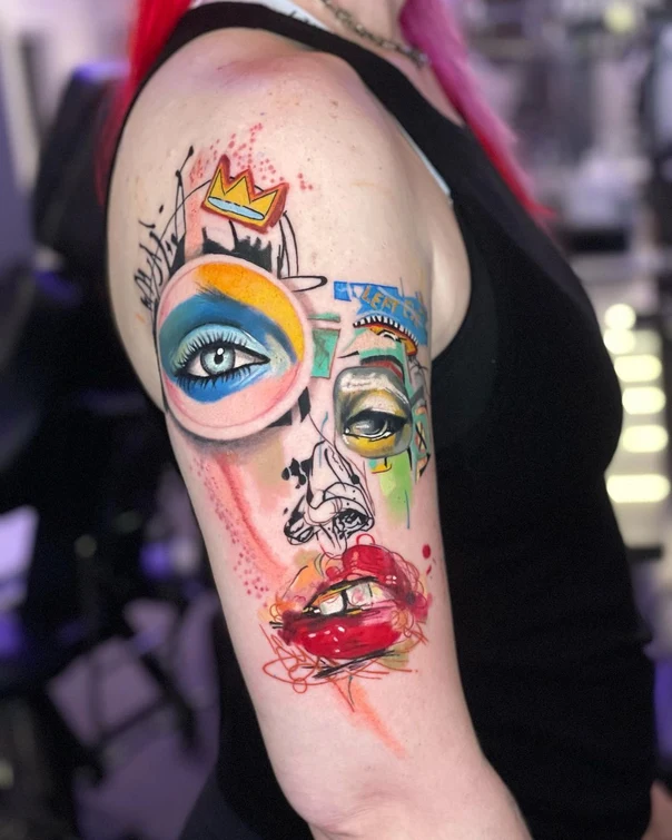 Abstract Eye, Lips tattoo on Upper Arm