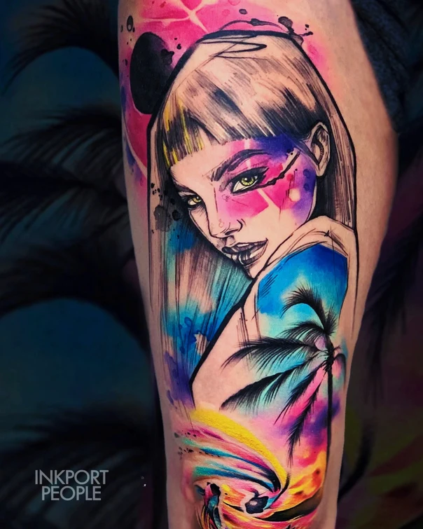 Watercolor Portrait, Palm tree tattoo on Thigh