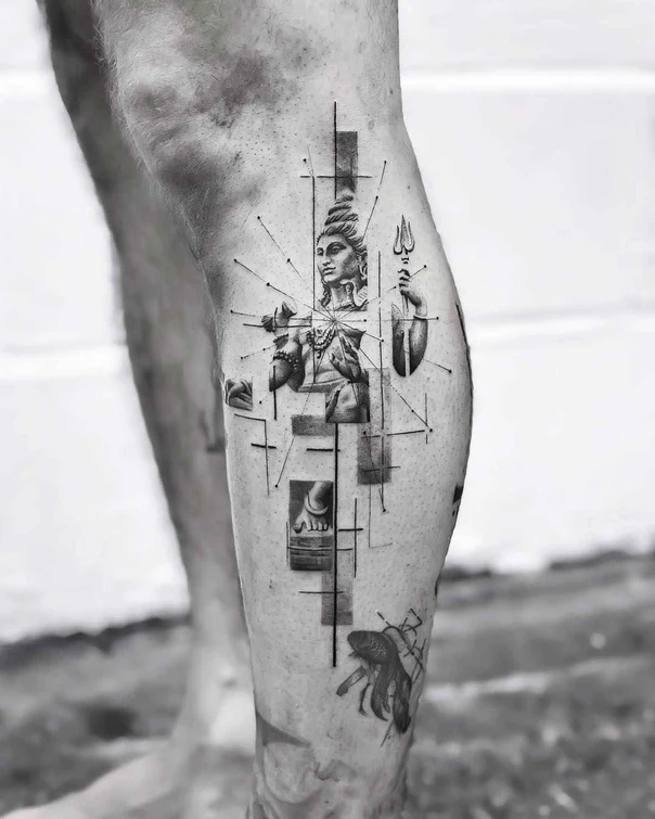 Black & Grey Religious, Geometric tattoo on Calf