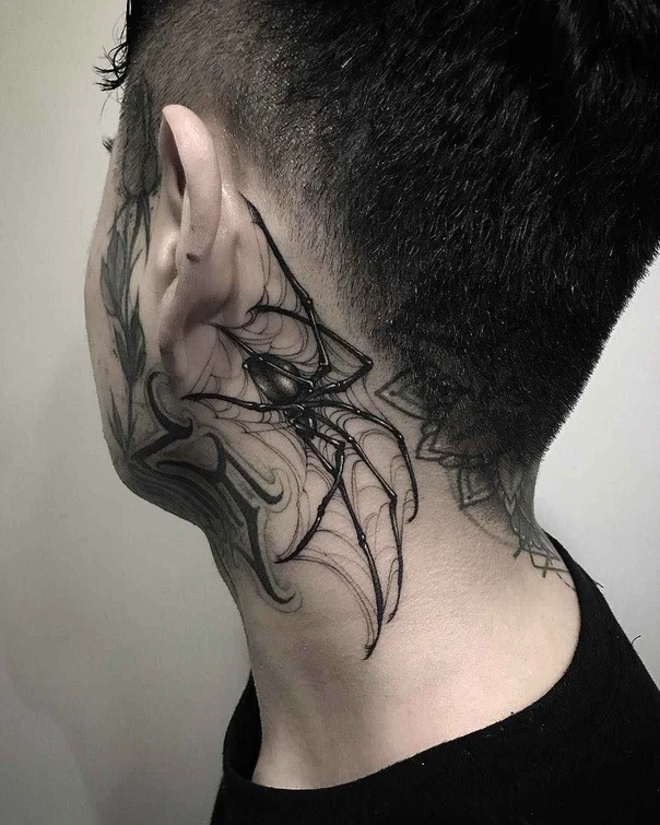 Blackwork Spider, Web tattoo on Neck