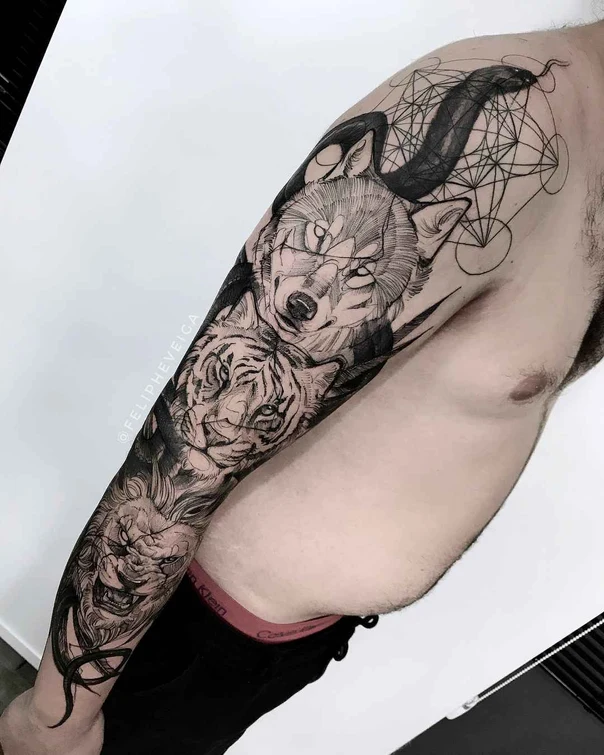 Blackwork Wolf, Tiger tattoo on Full Sleeve