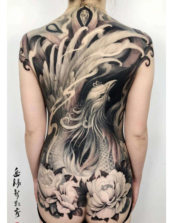 Japanese Phoenix, Flowers tattoo on Full Back