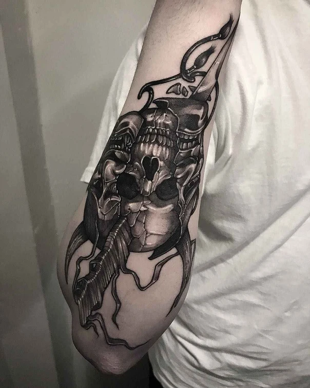 Black & Grey Skull, Biomechanical tattoo on Forearm