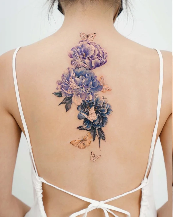 Botanic Flowers, Butterflies tattoo on Upper Back