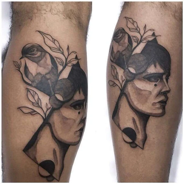 Black & Grey Portrait, Bird tattoo on Calf