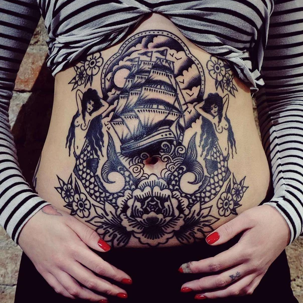 Blackwork Ship, Mermaid tattoo on Stomach