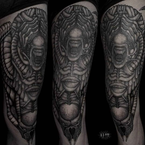 Biomechanical Alien, Horror tattoo on Thigh
