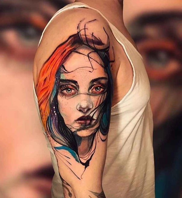Watercolor Portrait, Face tattoo on Upper Arm