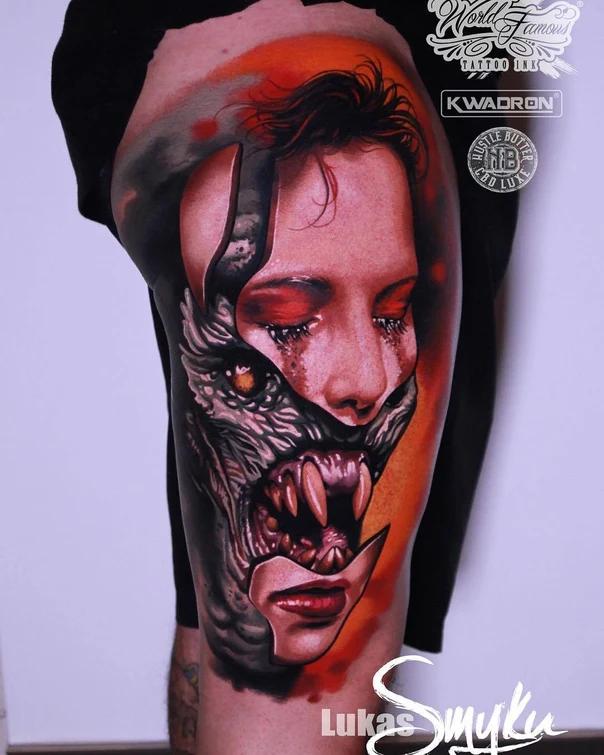 Realism Face, Monster tattoo on Thigh