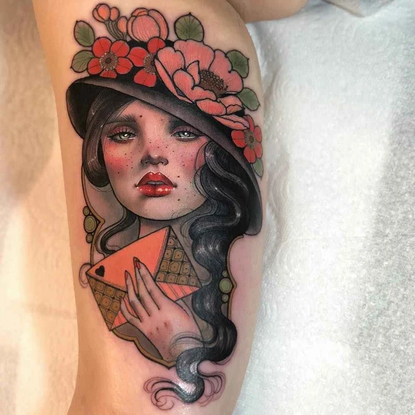 Neo Traditional Portrait, Flowers tattoo on Thigh