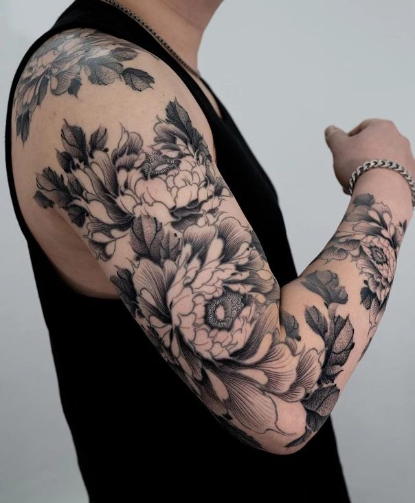 Black & Grey Flowers, Leaves tattoo on Full Sleeve
