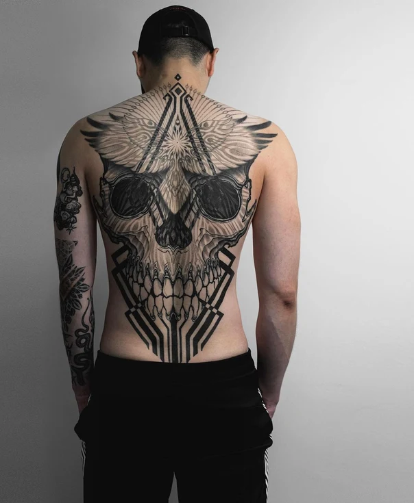 Blackwork Skull, Geometric tattoo on Full Back