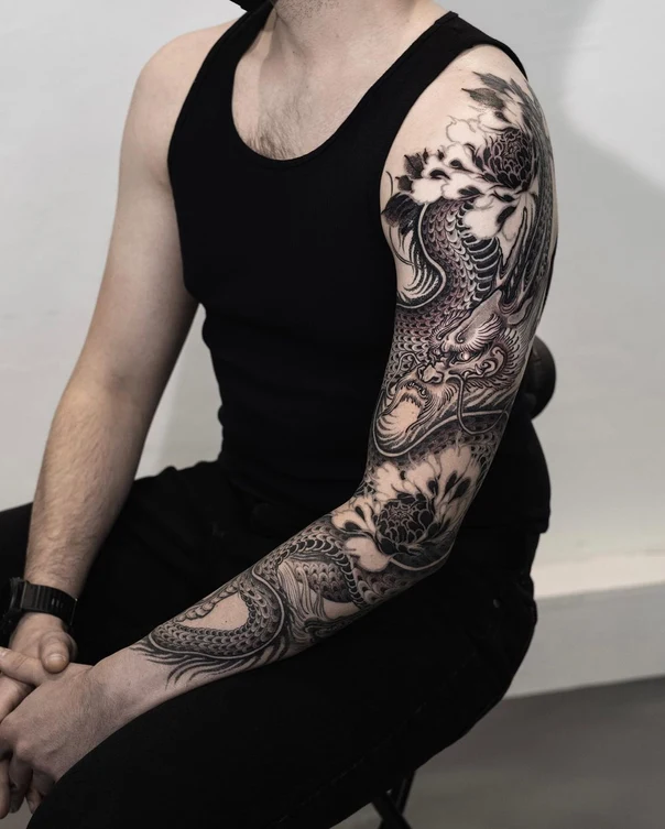 Japanese Dragon, Flowers tattoo on Full Sleeve