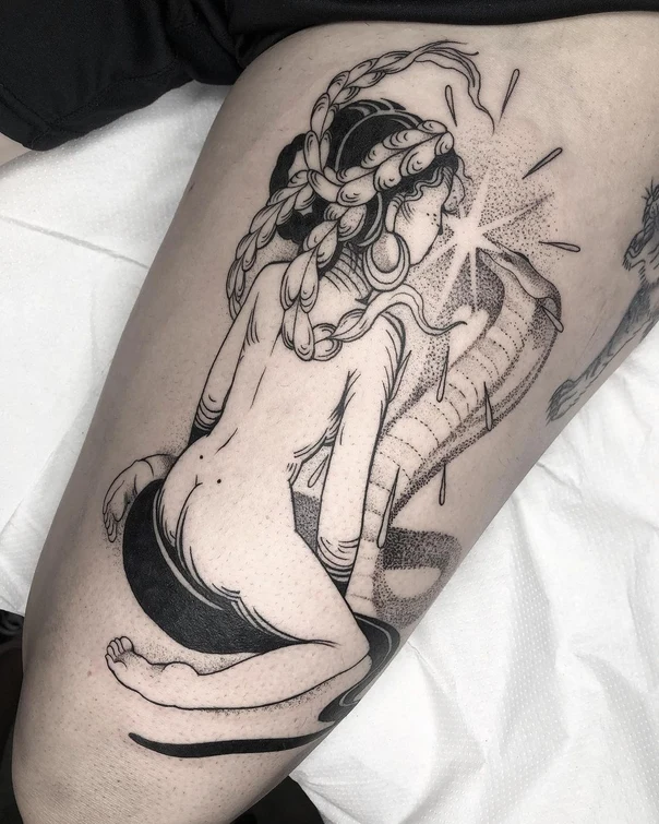 Blackwork Figure, Abstract tattoo on Thigh