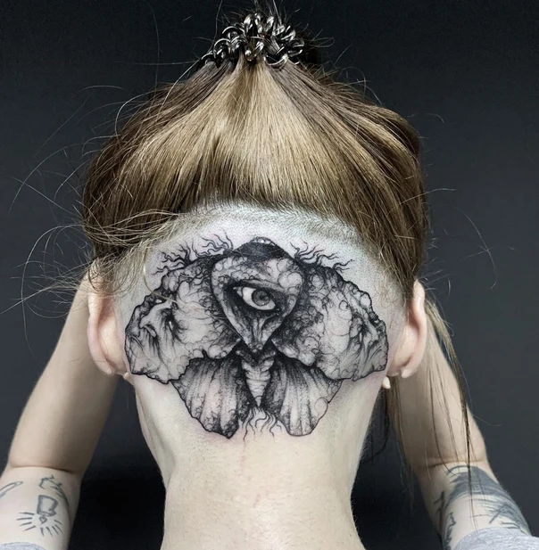 Блэкворк Eye, Moth tattoo на Back of neck