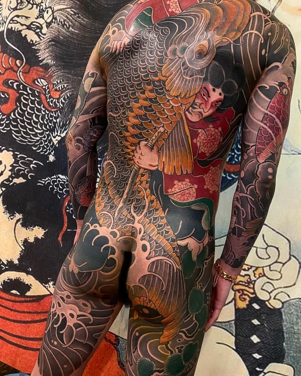 Japanese Koi fish, Demon tattoo on Full Back