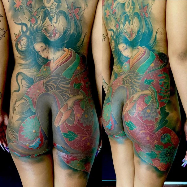 Japanese Geisha, Flowers tattoo on Full Back