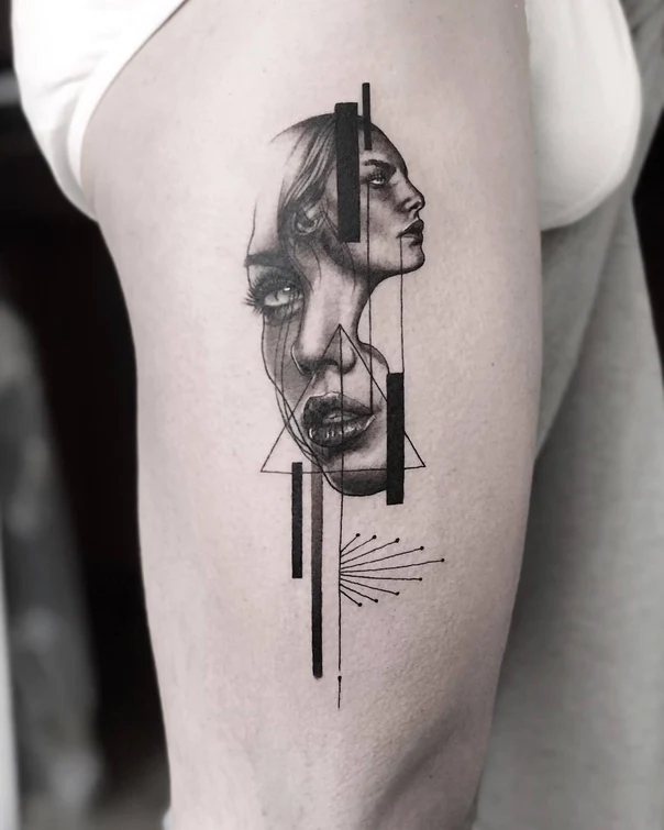 Realism Face, Geometric tattoo on Thigh