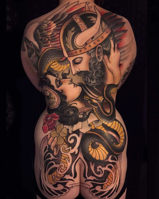 Neo Traditional Couple, Snake tattoo on Full Back