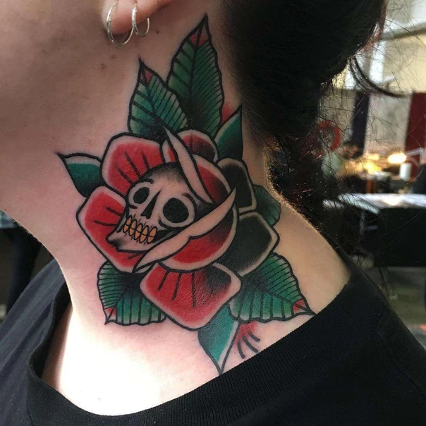 Traditional Skull, Rose tattoo on Neck