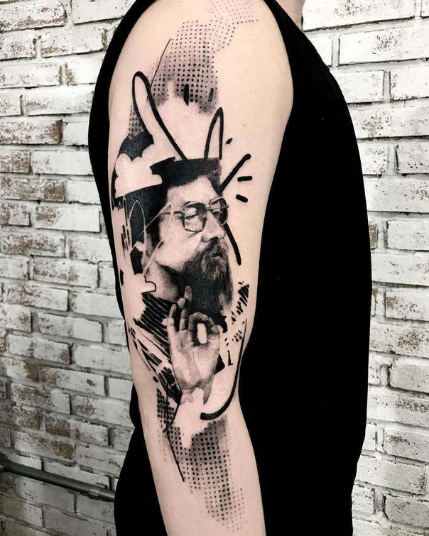 Blackwork Portrait, Abstract tattoo on Upper Arm