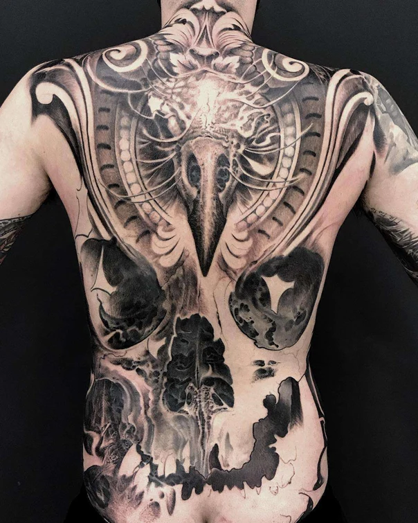 Biomechanical Skull, Ornamental tattoo on Full Back