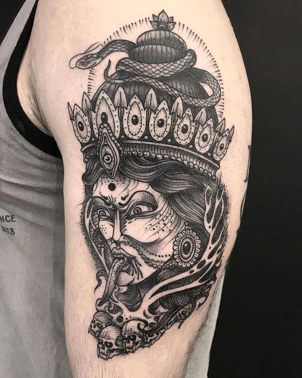Blackwork Face, Snake tattoo on Upper Arm