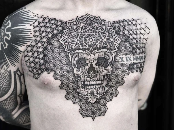 Geometric Skull, Mandala tattoo on Chest