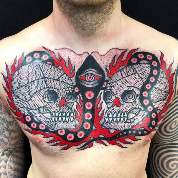 Blackwork Skull, Eye tattoo on Chest