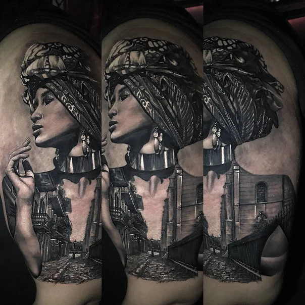 Realism Portrait, Architecture tattoo on Back