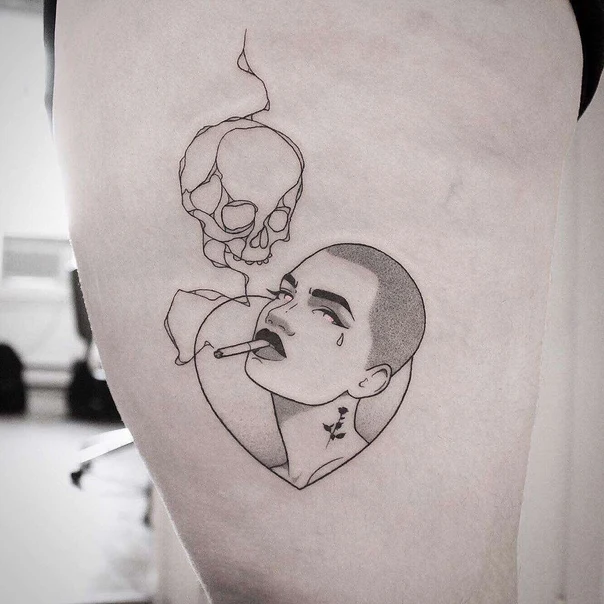 Linework Skull, Portrait tattoo on Thigh