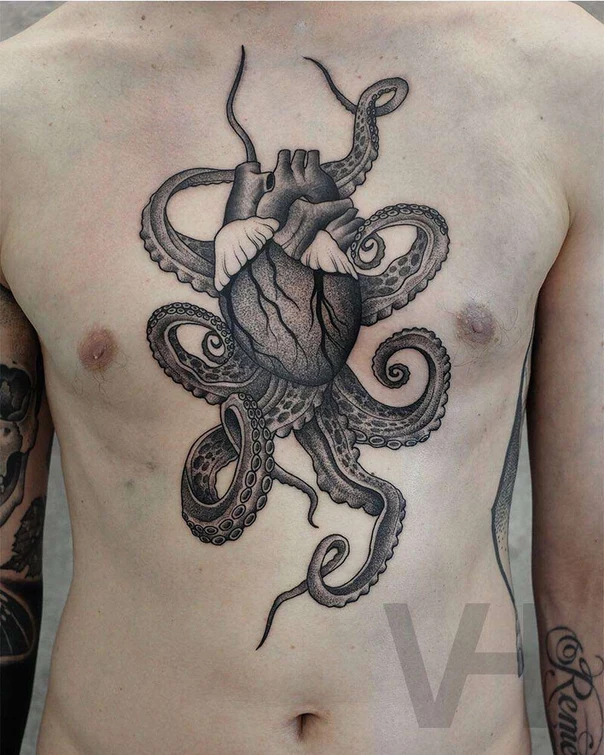 Black & Grey Octopus, Heart tattoo on Chest