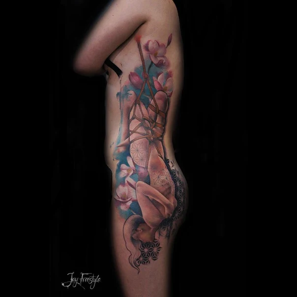 Illustrative Flowers, Figure tattoo on Side