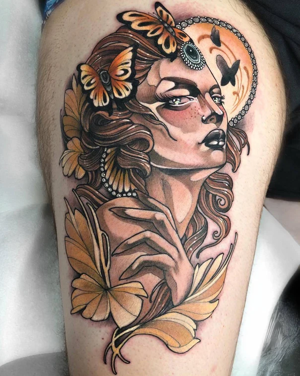 Neo Traditional Portrait, Butterfly tattoo on Thigh