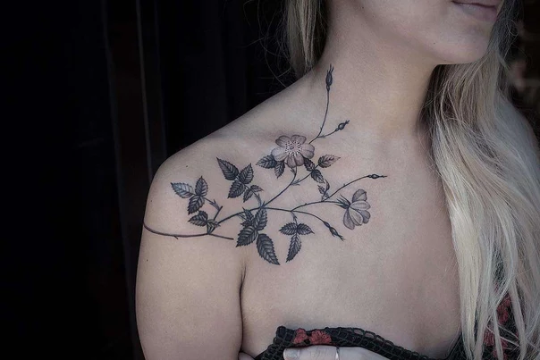 Botanic Flowers, Leaves tattoo on Shoulder