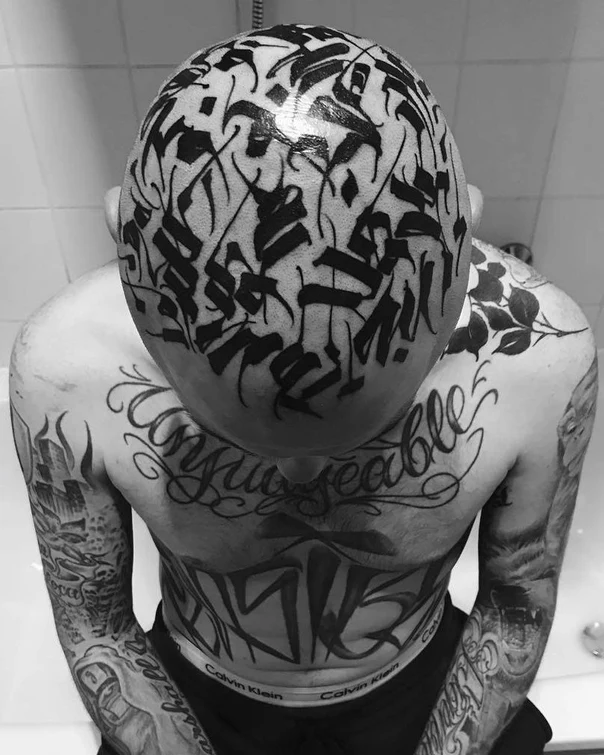 Calligraphy Lettering tattoo on Head
