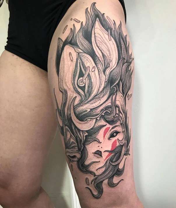 Illustrative Face, Floral tattoo on Thigh