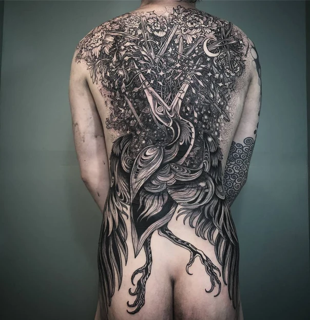 Blackwork Bird, Tree tattoo on Full Back