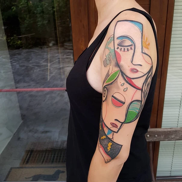 Abstract Faces, Geometric tattoo on Full Sleeve