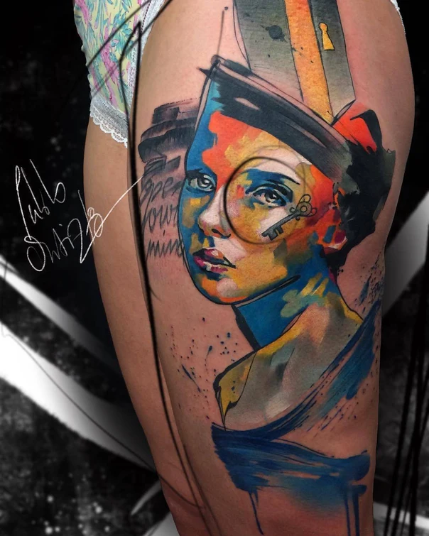 Watercolor Portrait, Key tattoo on Thigh