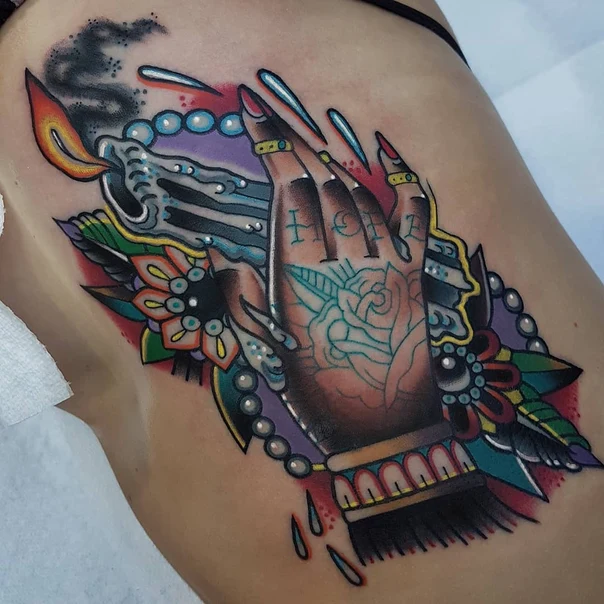 Neo Traditional Hand, Rose tattoo on Hip
