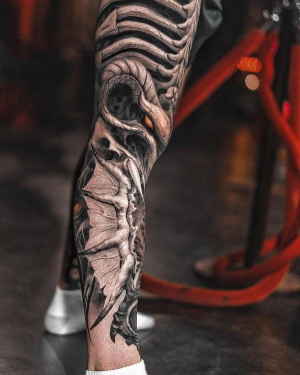 Biomechanical Skeleton, Dragon tattoo on Calf