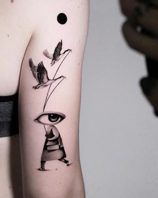 Illustrative Eye, Birds tattoo on Upper Arm