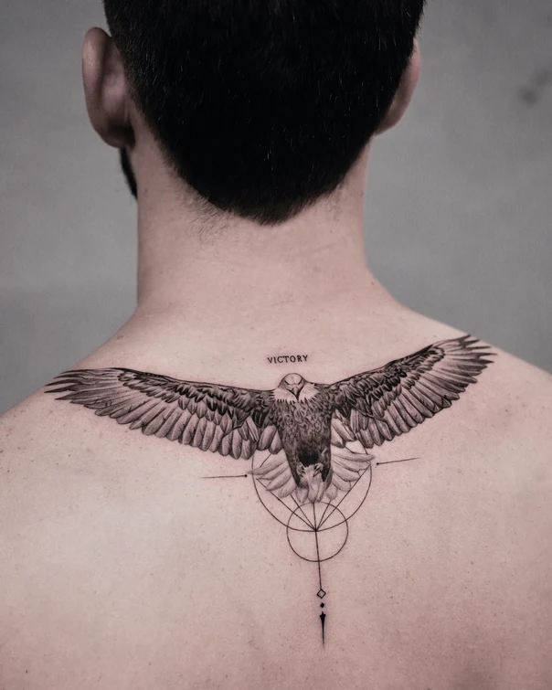Black & Grey Eagle, Geometric tattoo on Upper Back