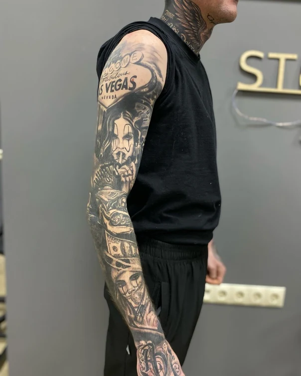 Chicano Portrait, Lettering tattoo on Full Sleeve