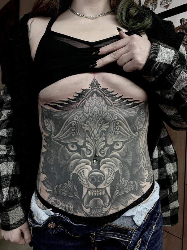 Blackwork Wolf, Mandala tattoo on Stomach