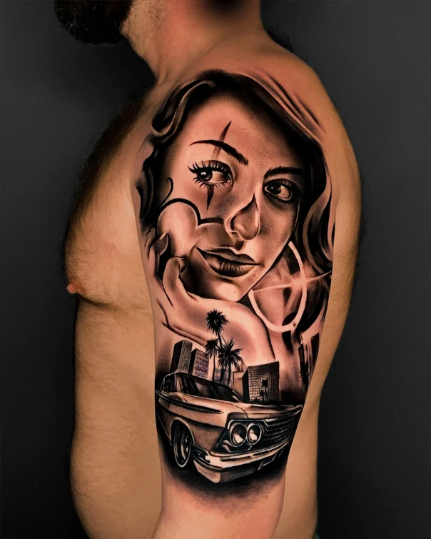 Chicano Portrait, Car tattoo on Full Sleeve
